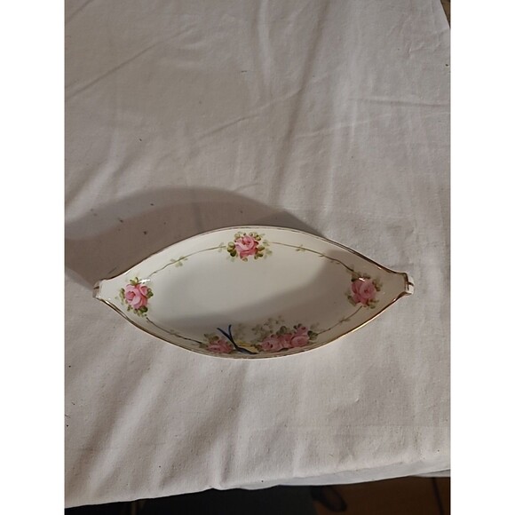 Nippon Handpainted China Trinket Dish 7.75" Pink Rose W/bluebird - Picture 3 of 11